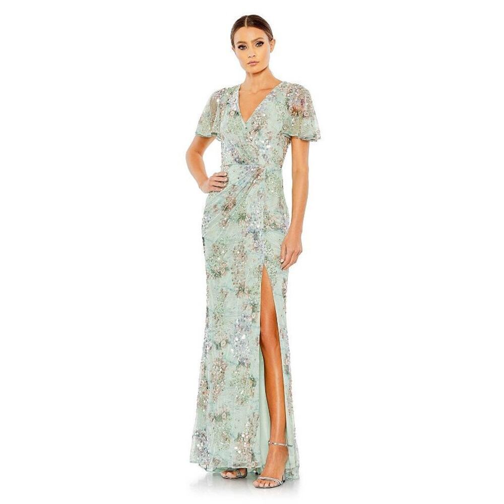 Mac Duggal Women's Embellished Butterfly Sleeve Faux Wrap Gown Size 10 NWT